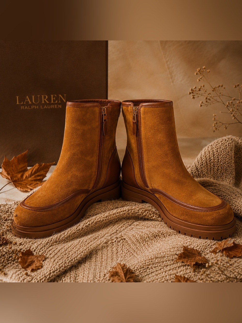 Lauren Ralph Lauren Colbie Suede Leather Ankle Boots Brown Lug Sole Women’s 9